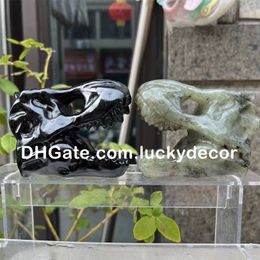 Hand Carved Polished Dinosaur Head Reiki Healing Figurine Collectible Natural Quartz Crystal Labradorite Black Obsidian Stone Tyrannosaurus Skull Fine Gifts