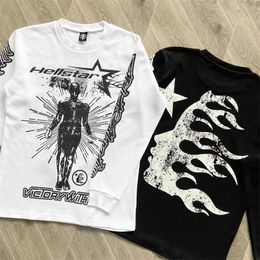 Men's T Shirts Classic Black White Hellstar T shirt American Trend Flame Big Print Long Sleeve T Shirt Autumn Loose Men Women Top Tee 231117