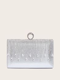 Evening Bags Women's Evening Bag Silver Clutch Bag with Rhinestone Tassel Decoration Wedding Handbag Fashion Square Box Bag 231117