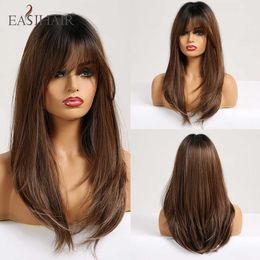 Synthetic Wigs Easihair Long Straight Wigs with Bangs Black to Brown Ombre Synthetic for Women Daily Natural Hair Heat Resistant 230227