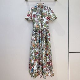 Хлопковое платье миди с короткими рукавами и воротником-стойкой европейских модных брендов, хлопковое красочное платье-бабочка с цветочным принтом