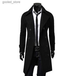 Men's Trench Coats Men Black Trench Coats Long Jackets Double Breasted Overcoats Male Business Casual Wool Blends Leisure Fit Q231118