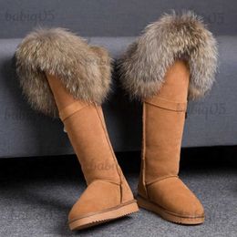 Boots Natural Fox Fur Snow Boots Women Raccoon Fur Shoes Genuine Suede Leather Boots Women Knee-High Boots Flat Female Warm Shoes T231117