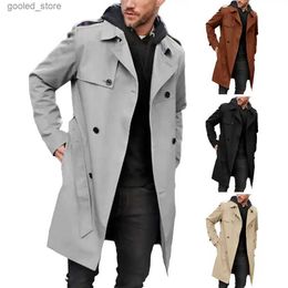 Men's Trench Coats Men Autumn Winter Solid Color Windbreaker Jackets Lapel Long Sleeve Double-breasted Pockets Belt Slim Long Trench Coat Outerwear Q231118