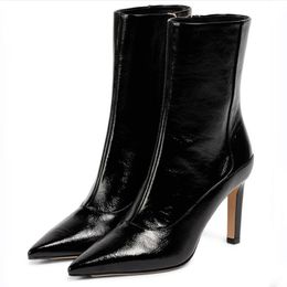 Modische Damen-Stiefeletten, Mavie, 85 mm, Pumps, Stiefel, Italien, klassische spitze Zehen, schräger Schaft, Leder-Design, lässige Motorrad-Knöchel, hohe Absätze, kurze Stiefeletten, Box EU 35–43