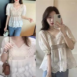 Women's T Shirts French Style Women Blouse Puff Sleeve V-Neck Crochet Floral Peplum Tops N7YE