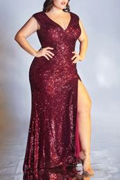 Sequins Mermaid Dress Women High Waist V-Neck Floor-Length Bodycon Party Long Robe Red Plus Size 5XL Elegant Dinner Vestidos