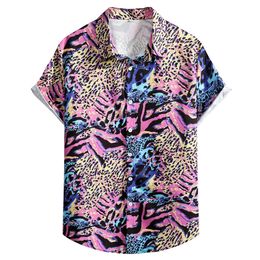 Men's Casual Shirts Mens Colorful Leopard Printed Tropical Beach Shirt Tops Casual Short Sleeve Button Up Summer Haiian Vacation Shirt Men Camisas J230417