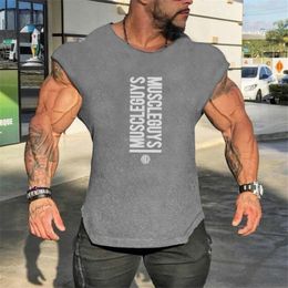 Men s T Shirts Mens Gym Singlets Sweatshirts sleeveless Vest letters print Bodybuilding Fitness male tank top Shirts Casual Muscle shirt 230417