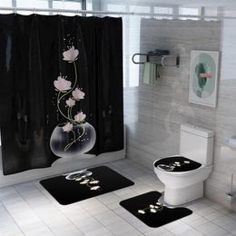 Aesthetic Lotus Shower Curtain Floor Mat 4 Pieces Set Bathroom Mat Toilet Cover Creative Bathroom Curtain Waterproof Partition1280A