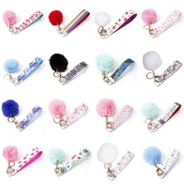 25 Styles PU Leder Schlüsselbund Pompom Schlüsselanhänger Fruit Animal Print Schlüsselring mit Nachahmung Kaninchen Haarschlüsselkette für Frauenbeutel dekorativen Anhänger