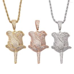 Pendant Necklaces Hip Hop Micro Paved Cubic Zirconia Iced Out Bling Rose Flower Pendants Necklace For Men Women Jewelry Gold Silve243b
