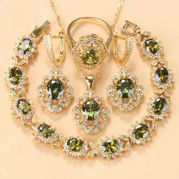 Wedding Jewellery Sets 10Colors Cubic Zirconia Women Accessories Gold Plated Olive Green Charm Bracelet And Ring 231116