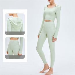 LL Women Yoga Sports Fitness Running Leisure Fall Hooded Long-Sleeved Coat Nine-Point Pants Suit TM0042