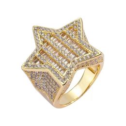 Hip Hop With Side Stones Five Star Ring Men's Gold Silver Colour Iced Out Cubic Zirconia Gifts Couple Wedding Rings Women Jewe305H