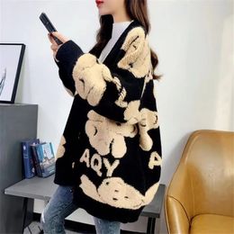 Women's Sweaters Autumn Women's Sweater Cardigan Bear Letter Pattern Cute Loose Knitted Coat Button Down Long Sleeve V Neck Ladies Cardigan 231117