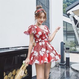 Spring Swimsuit One Piece Women Backless Cover Belly Thin Korean Style Floral Print Bathing Suit197h