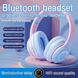 Cell Phone Earphones 2023 Gradient Colour Bluetooth Headphone Wireless Music Headset LED Light With Mic Gamer Earphone Kids Lovely Christmas Gifts 231117