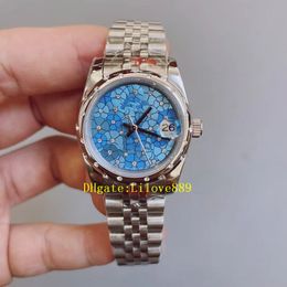 Relógio feminino diamante flores azuis relógios ouro 31mm 2813 aço automático natação safira relógios de pulso à prova d'água