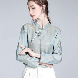 Women's Blouses 1pcs Women's Tops 2023 Spring Silk Satin Fabric Jacquard Splicing Chinese Style Primer Shirt Ladies Skinny Shirts Girls