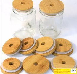 70mm86mm Friendly Mason Lids Reusable Bamboo Caps with Straw Hole and Silicone Seal for Canning Drinking Jars Lid