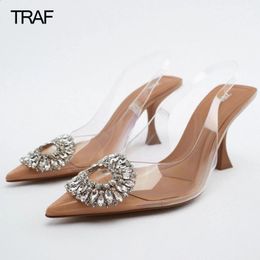 Dress Shoes TRAF Woman Transparent Heels Women Pumps Rhinestone High Heels Spring Summer Butterfly Heels Sandals Slingback Heeled Shoe 231116