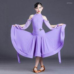 Stage Wear 2023 Ballroom Dance Competition Dress For Girls Purple Long Sleeves Top Skirts Modern Latin Costumes SL4709