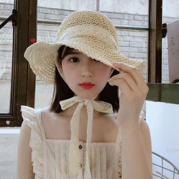 Wide Brim Hats Summer Boater For Women Straw Sun Hat Lady Girls Lace Ribbon Bow Beach Floppy Female Travel Folding Chapeu