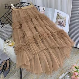 Skirts Fall Winter Sweet Cake Layered Long Mesh Skirts Princess High Waist Ruffled Vintage Tiered Tulle Pleated ins Skirts 230417