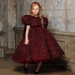 Girl Dresses Sparkling Burgundy Flower Dress Birthday Princess O Neck Tea Length Glitter Sequin Tulle First Communion Gown