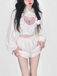 Women's Tracksuits Warm White Sweet Two Piece Set Women Korean Style Kawaii Cute Short Female Lolita Japanese Hoodie Suit Autumn 230417