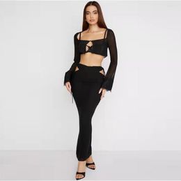 Casual Dresses Crop Top And Long Skirt Chiffon Sets Dress Skinny Lace-up Hollow Out Sexy Two Piece Set Women Party Club Suit