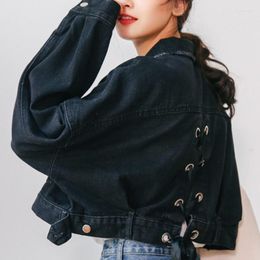 Women's Jackets Vintage Short Black Denim Women Spring Korean Fashion Preppy Style Lace-up Jeans Coats Casual Loose Female Outerwear