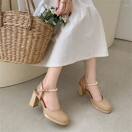 Sandals Khaki Women's Summer Heeled Shoes Woman Round Toe Luxury High Heels Ladies Elegant Leather Mary Jane 2023