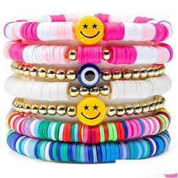 Beaded 7Pcs Heishi Surfer Bracelets Set Beaded Strands Colorf Preppy Happy Evil Eye Stretch Clay Stackable Boho Disc Aesthe Dhgarden Dhtvz