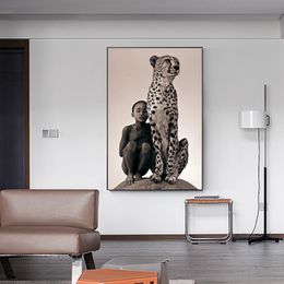 Abstract Black Kid And Leopard Home Decor Canvas Painting Modern Print Posters Wall Art Pictures Cuadros Living Room Home Decor