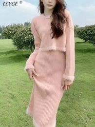 Womens Two Piece Pants Fashion Mink Knitted Dress Women Twopiece Set Long Sleeve Oneck Sweater High Waist Straight Skirt Sets Autumn Thicken Suit 231116