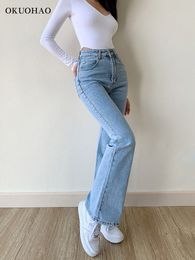 Women's Jeans Okuohao Skinny Bell Bottom Jeans High Waist Stretch Straight Slim Fit Flared Denim Pants Fashion Casual Wash Black Y2k Trousers 230417