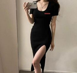 Woman Clothing Casual Dresses Short Sleeve Summer Womens Dress Slit Skirt Outwear Slim Style With Budge Designer Lady Sexy Dresses A0025