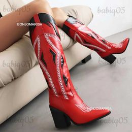 Boots BONJOMARISA Cowboy Boots For Women Knee High Mid Calf Embroidery Fashion Cowgirl Western Boots Block High Heeled Shoes Vintage T231117