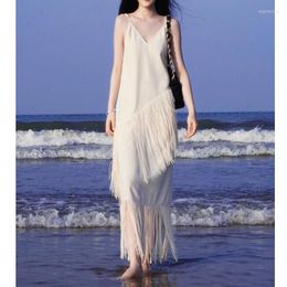 Casual Dresses White Tassel Long Vacation Beach Skirt Woman Summer V Neck Sleeveless Seaside Resort Dress Sense Slip Travel