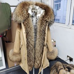 Women's Fur Faux Down Parkas Maomaokong 2023 Real Natural Raccoon Big Collar Long Female Winter Rabbit Lining Inner Jacket Coat Outerwear 231116
