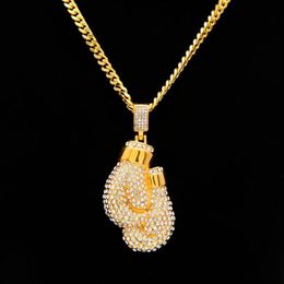 Men Hip hop Punk Stainless steel Iced Out Boxing Glove Gold Silver Pendant Necklace Fashion Sport Fitness Jewelry296j