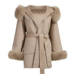 Women Blends Jxwatcher Coat and Fashion Medium Length Cashmere Jacket Hooded 100 Real Fur Collar Cuffs Winter for Women 231117