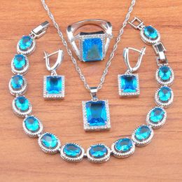 Necklace Earrings Set St Classic Square Silver Colour Wedding For Women Sky Blue Crystal Ring Pendant Bracelet JS0727