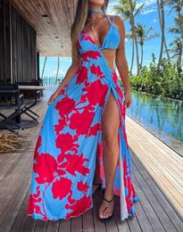 Casual Dresses Women's 2023 Summer Fashion Floral Print Cutout Backless Drawstring Sexy High Slit Halter Sleeveless Maxi Vacation Dress