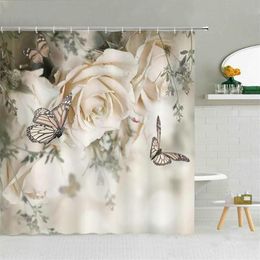 Shower Curtains Romantic Butterfly White Rose Flower Curtain Spring Floral Scenery Girl Gift Bathroom Decor Waterproof Fabric282M