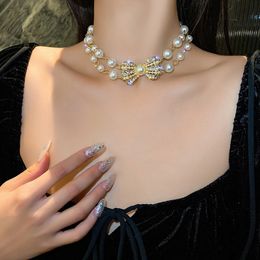 Double layer pearl studded diamond necklace, mesh red, light luxury, fashionable and elegant temperament, necklace for women