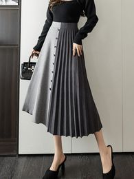 Skirts SURMIITRO Knit Midi Long Pleated Skirt Women Winter Korean Fashion Single-breasted Warm A Line High Waist Skirt Female 230417