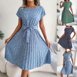 Casual Dresses Summer Floral Pleated Midi Dress Women High Waist Chic Long Dress with Belt Female Short Sleeve ALine Dresses Vestidos 230417